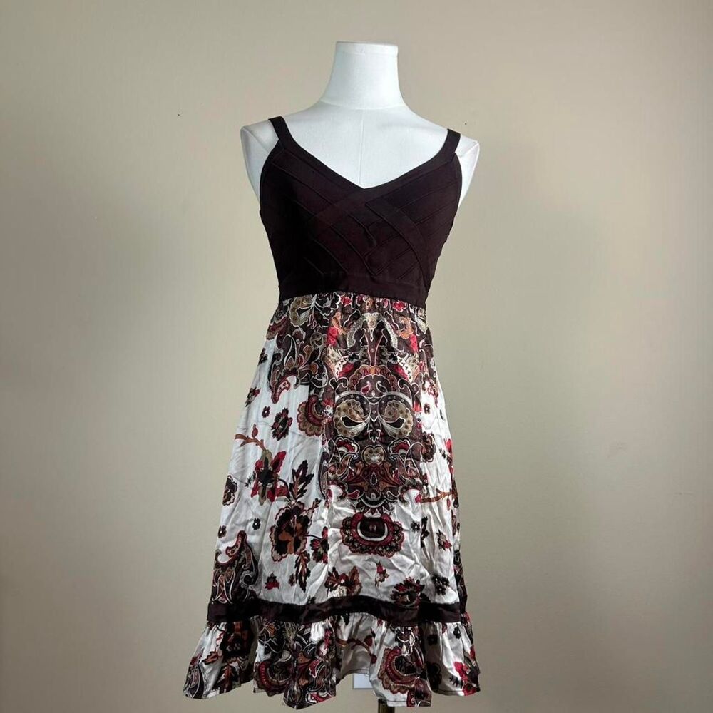 Bebe Brown and Floral Silk and Fabric Dress